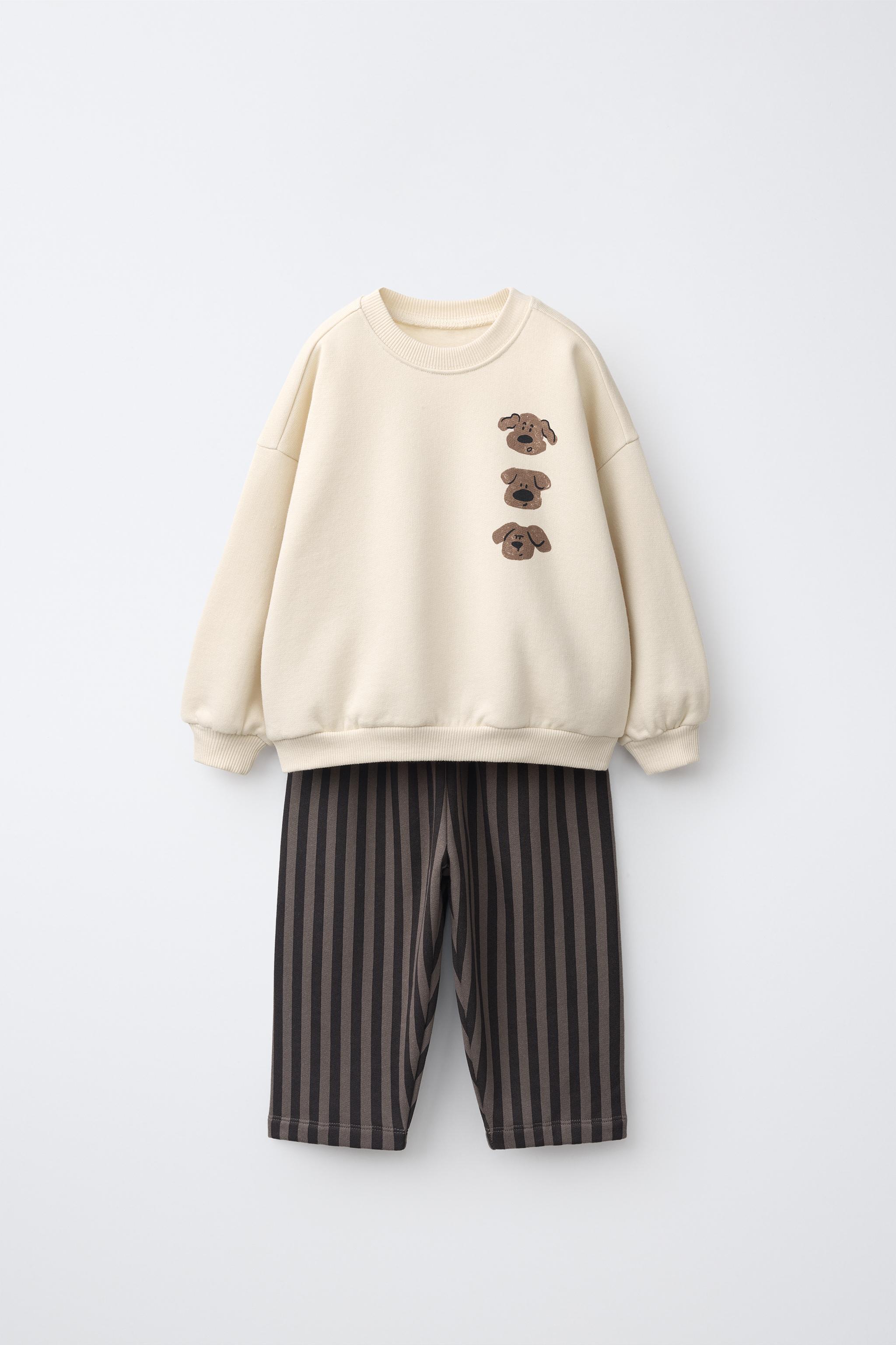 DOG PRINT SWEATSHIRT AND STRIPED PANTS SET — Gray