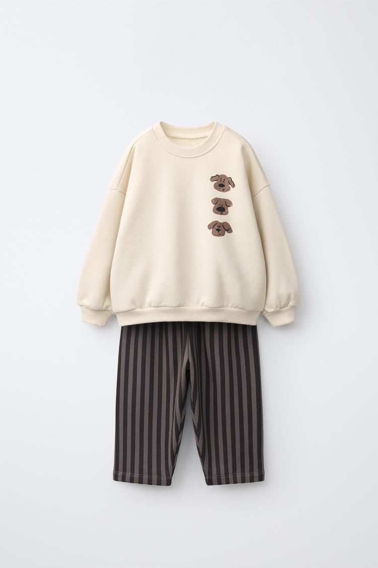 DOG SWEATSHIRT AND STRIPED PANTS JOGGING SET — Gray