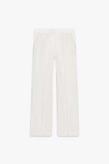 Zara STRAIGHT LINEN PANTS WITH CONTRAST STITCHING - Ecru