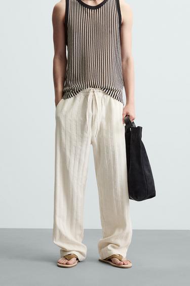 Zara JACQUARD STRIPED PANTS - Ecru