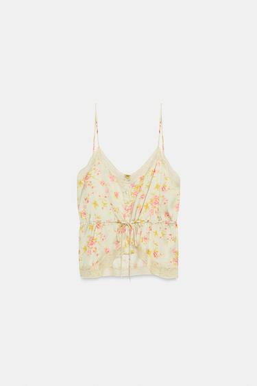 Zara FLORAL LACE SATIN EFFECT TOP - Soft gold