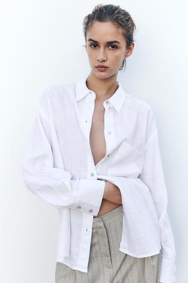 Zara OVERSIZED LINEN BLEND SHIRT - White