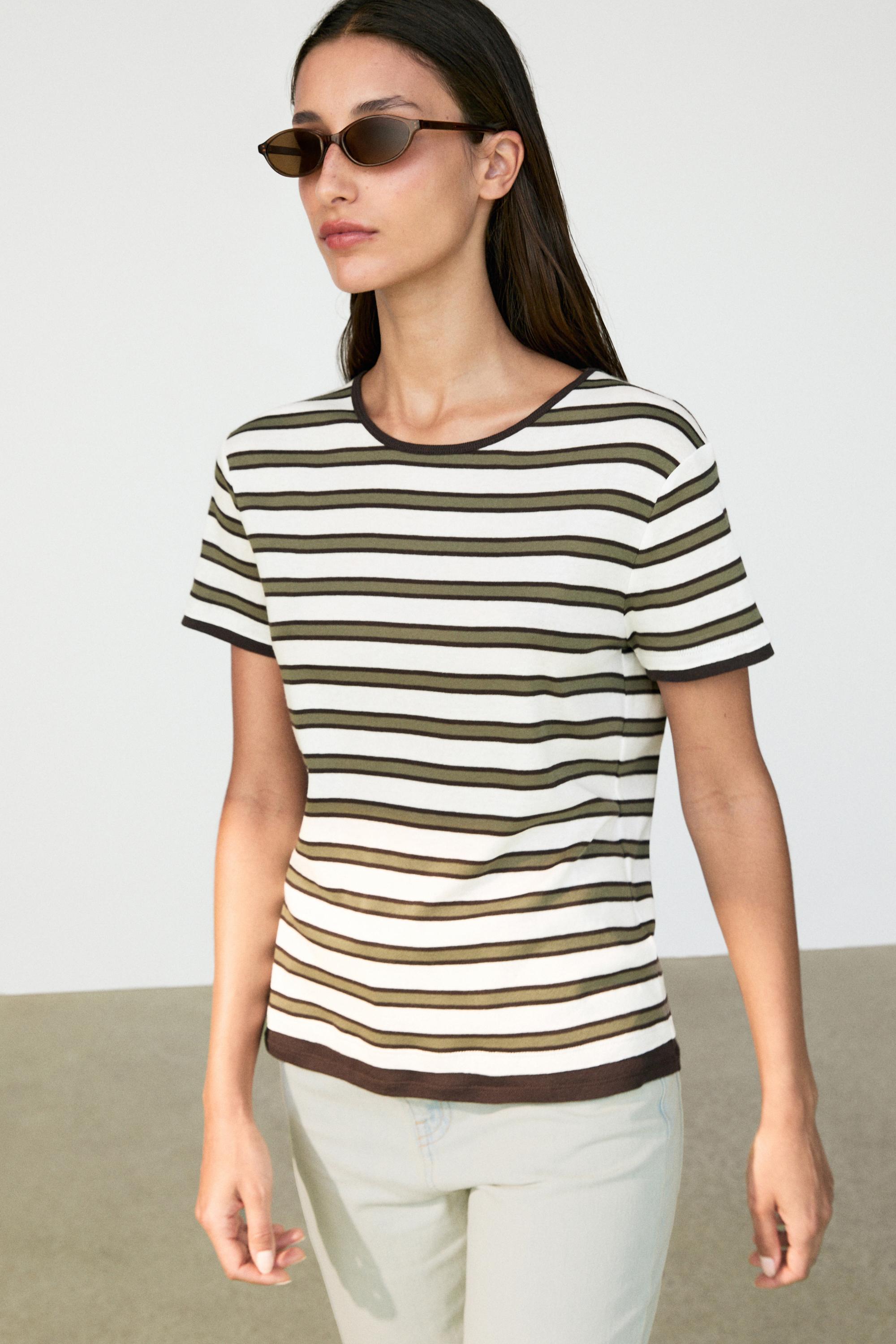 100% cotton short sleeve striped T-shirt — Khaki