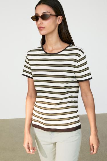Zara 100% cotton short sleeve striped T-shirt - Khaki - Image 0