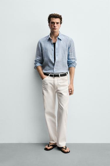 CAMISA REGULAR FIT 100% LINO - Celeste lavado de Zara - Imagen 0