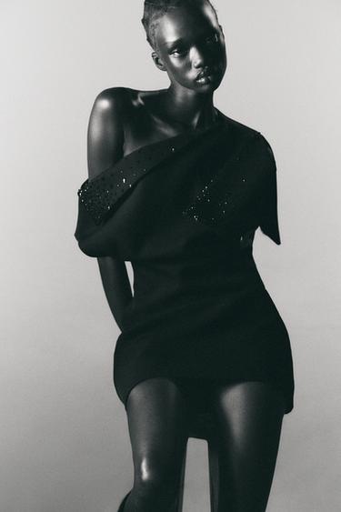 ASYMMETRIC GLITTER MINI DRESS — Black 1
