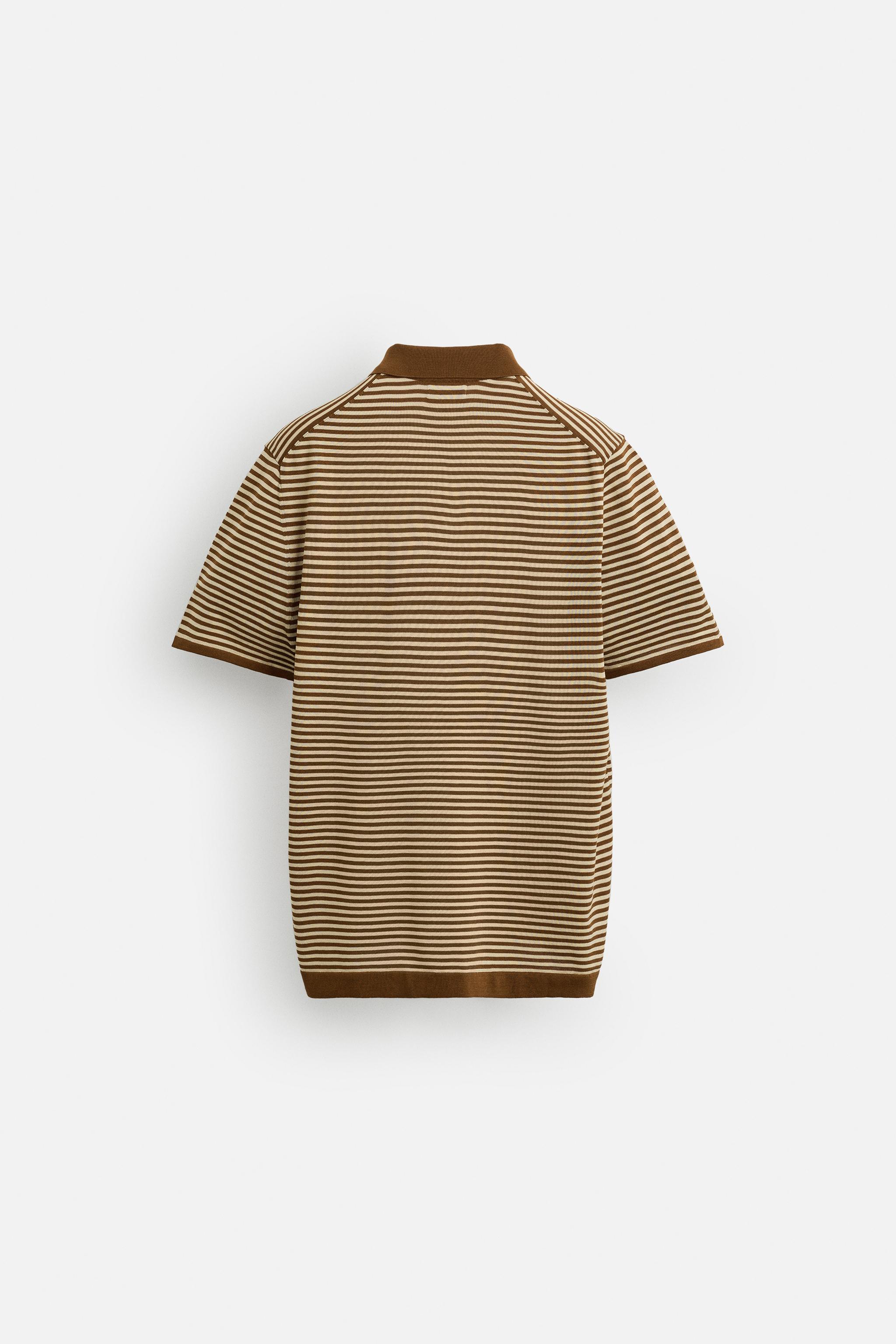 国内発送★ZARA★ストライプ柄ジャカードニットポロシャツ ストライプ柄ジャカードニットポロシャツ - ブラウン | ZARA