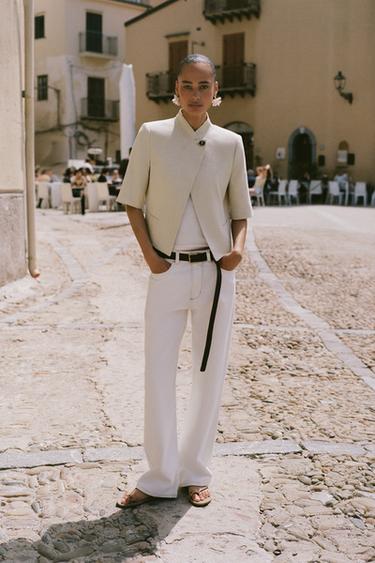 LINEN BLEND SHORT SLEEVE BLAZER - Light beige by Zara