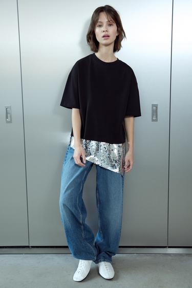 CAMISETA ASIMÉTRICA LENTEJUELAS - Negro de Zara - Imagen 0