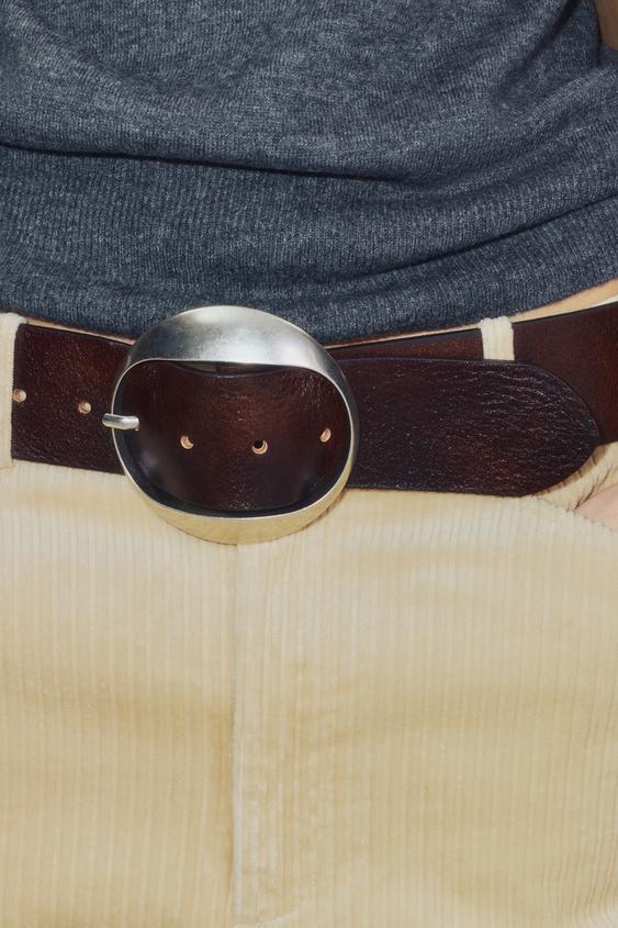 Zara 100% LEATHER CIRCULAR BUCKLE BELT - Brown - Image 0