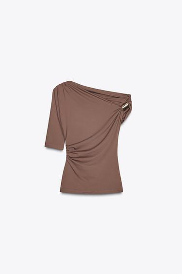 ASYMMETRIC POLYAMIDE TOP - Mink by Zara