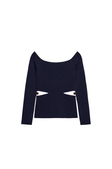 Zara BEADED CUT OUT KNIT TOP - Blue