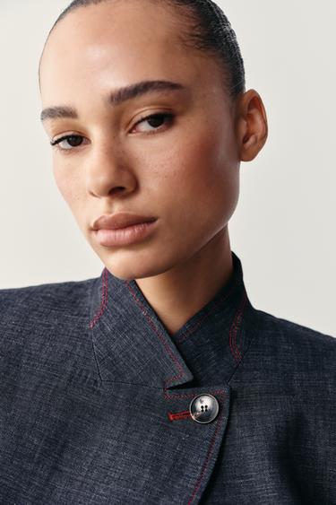 CONTRAST STITCH LINEN BLEND SHORT SLEEVE BLAZER - Indigo by Zara