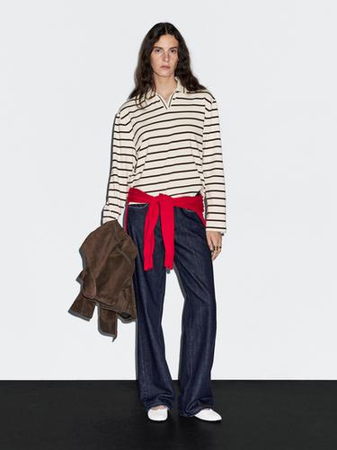 Zara 100% cotton striped polo shirt - Ecru