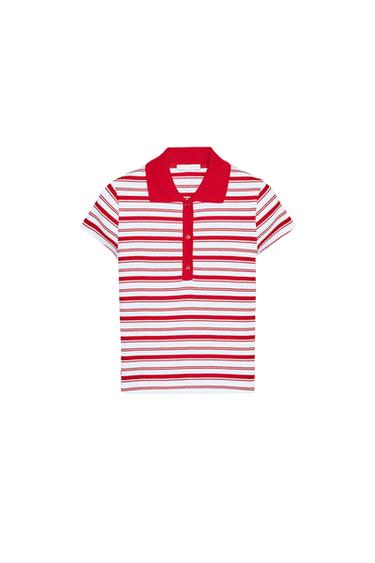 Front view of a red and white striped polo shirt with a red collar and button placket.