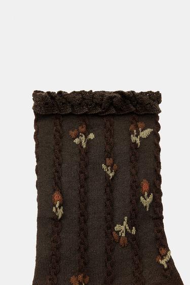 FLORAL PRINT LACE TRIM SOCKS - Brown by Zara - Image 2