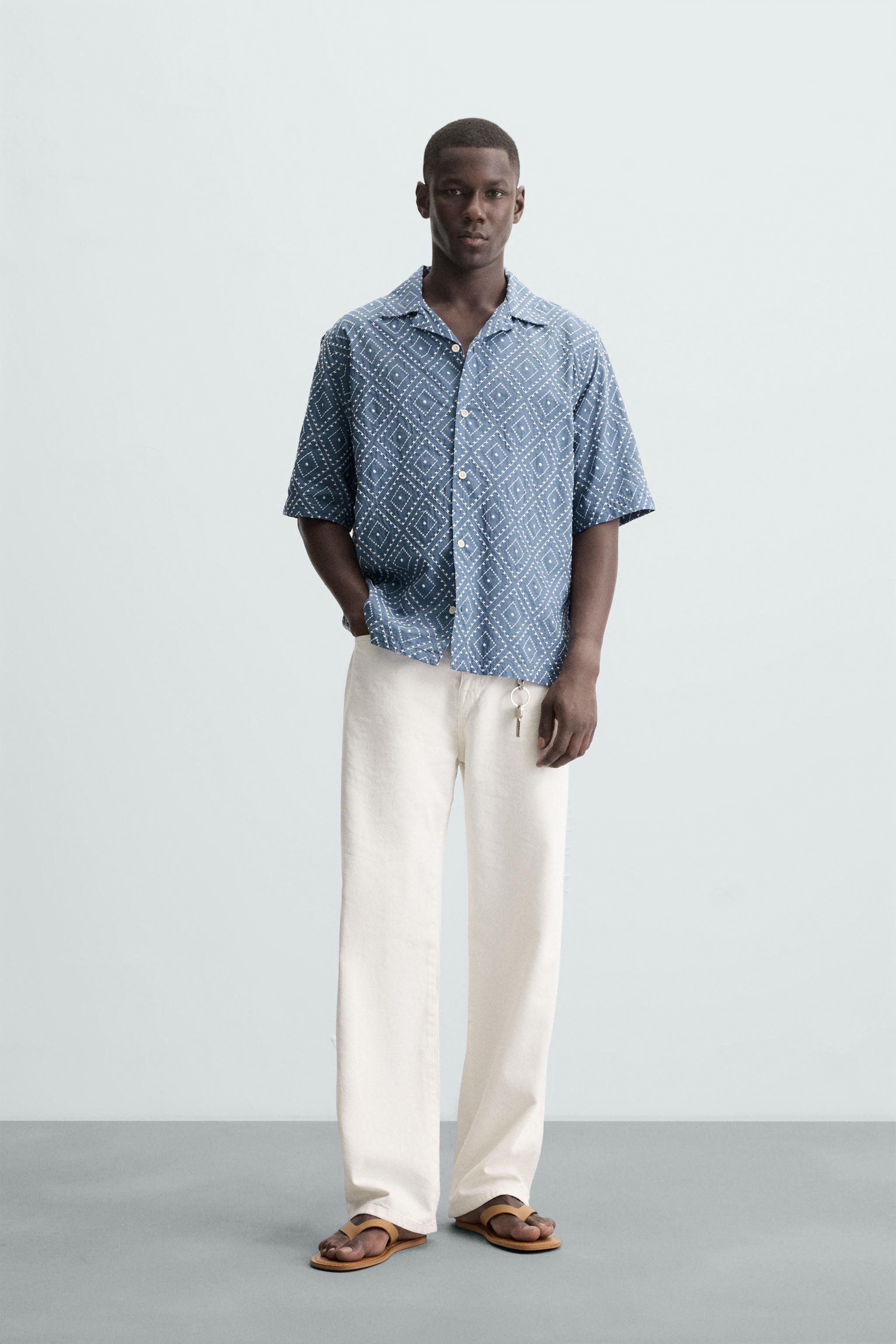 CAMISA BORDADOS CONTRASTE - Azul | ZARA Brasil