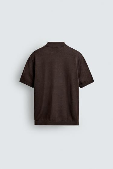 LINEN BLEND KNIT POLO SHIRT - Chocolate by Zara - Image 7
