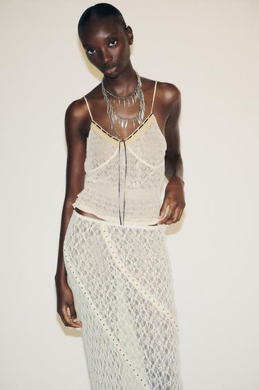 JUPE MIDI DENTELLE CLOUS - Écru de Zara - Image 2