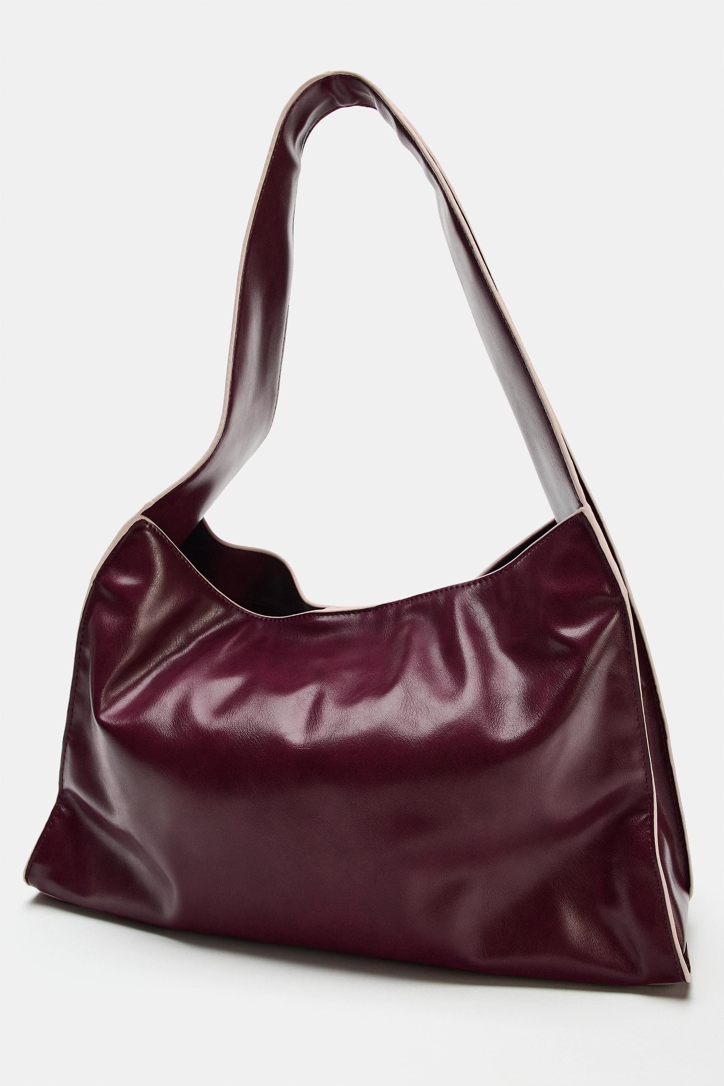 Женская сумка Zara Contrast Topstitched Shopper, цвет: Бордовый красный — фото 3