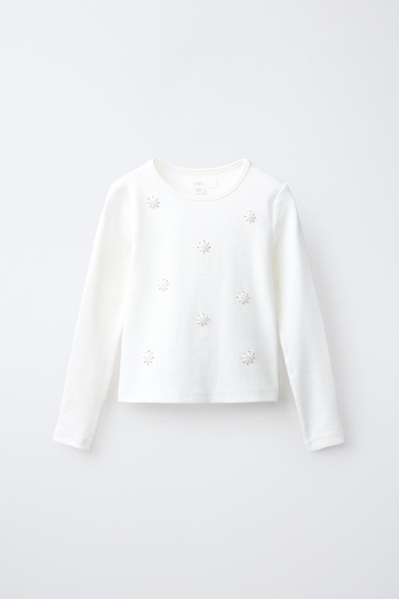 Zara PEARL EMBROIDERED RIB T-SHIRT - White - Image 0