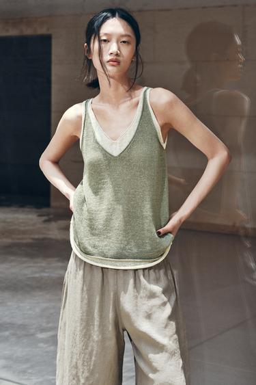 KNIT TOP WITH CONTRAST DETAILING - Khaki by Zara