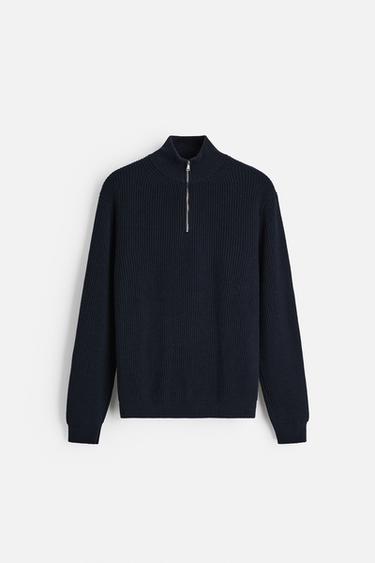 COTTON-CASHMERE ZIP-UP SWEATER - Dark navy by Zara
