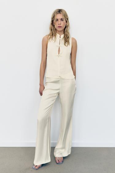 Zara 緞面喇叭長褲 - 磨白色 - 圖片 0