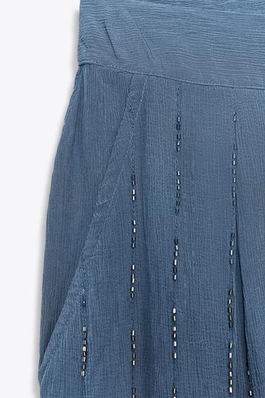 Zara BEADED PANTS WITH TIED HEMS - Petrol blue