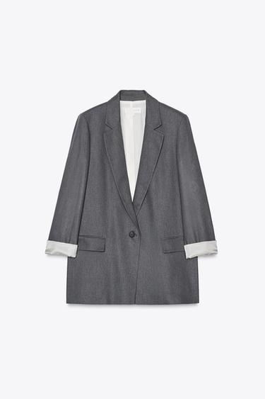 LINEN BLEND BLAZER WITH PRINTED CUFFS - Anthracite grey by Zara