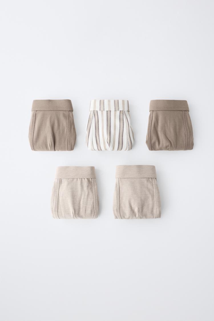 AGES 6-14 / 5-PACK STRIPED AND SOLID BOXER BRIEFS — Brown / Taupe