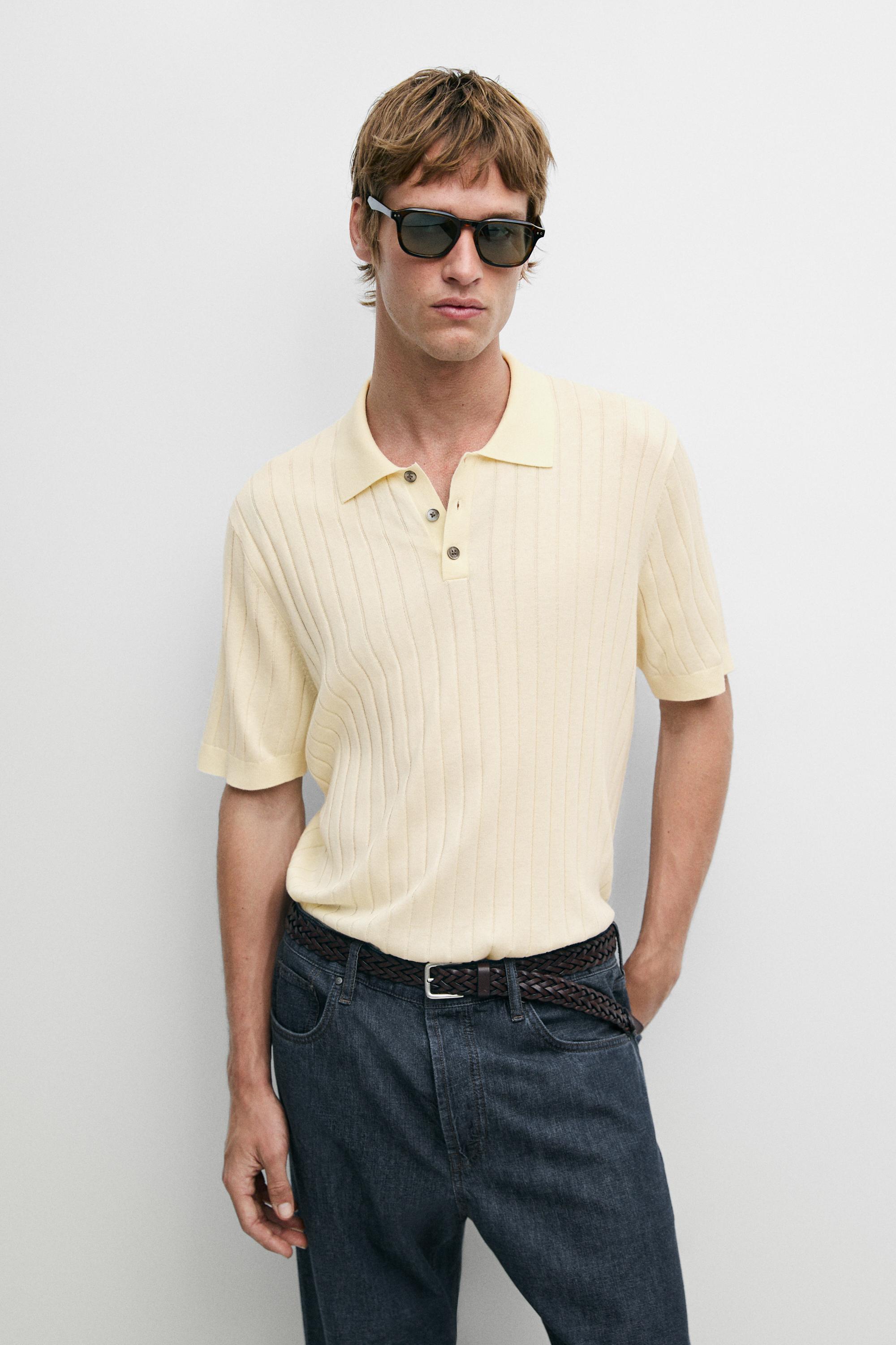 Ribbed knit cotton blend polo shirt — Ecru