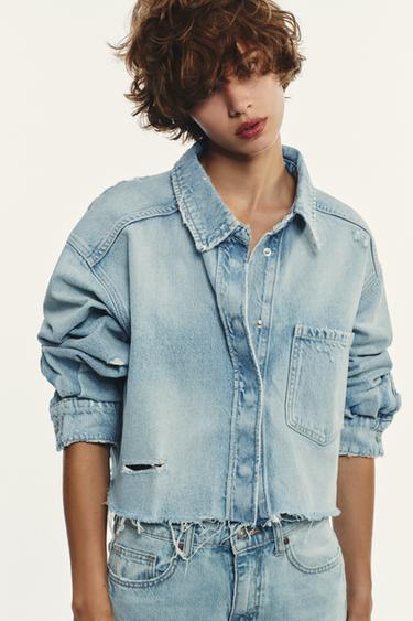 TRF RIPPED CROP DENIM OVERSHIRT - Blue by Zara
