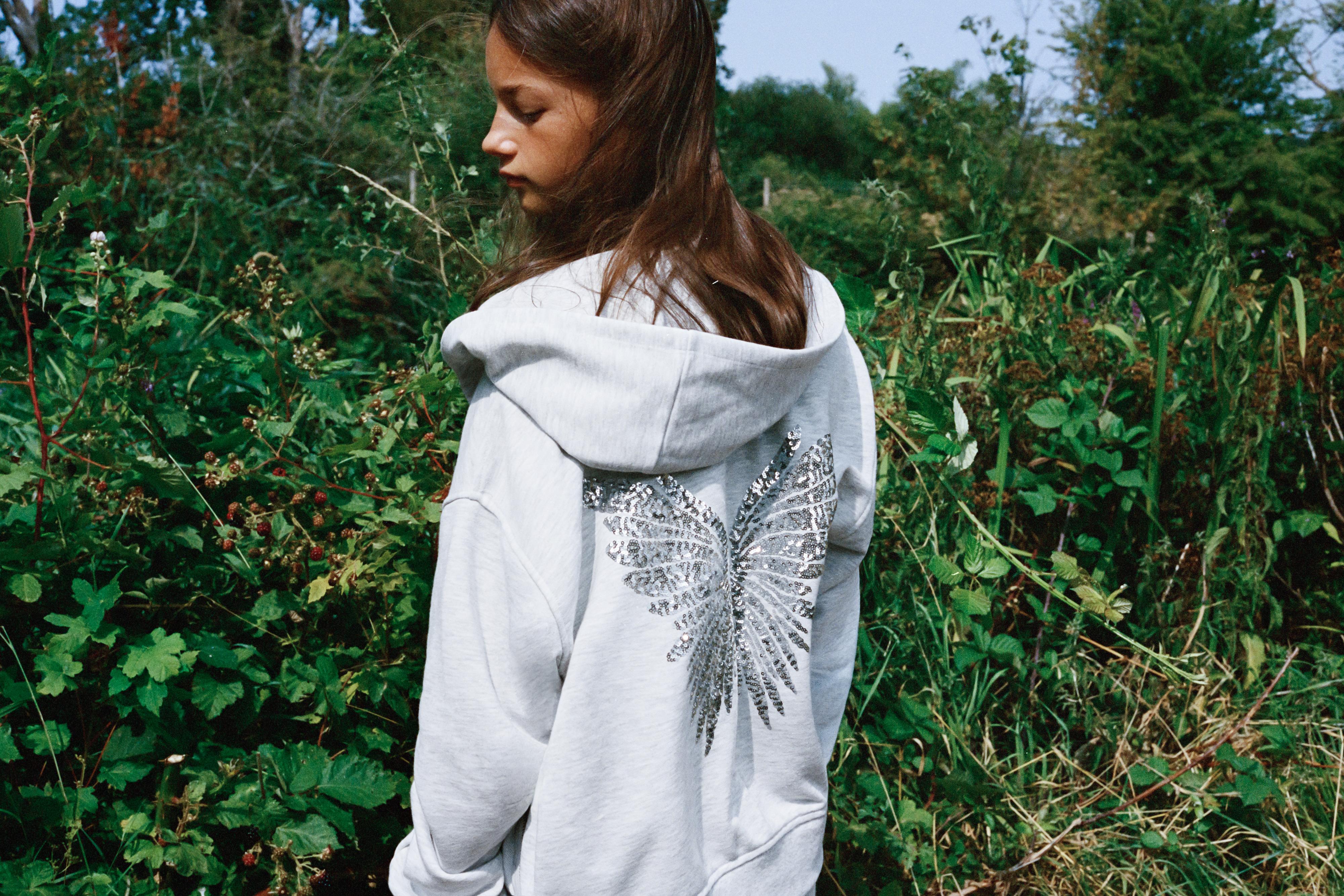 SEQUIN WING ZIP-UP HOODIE — Gray marl