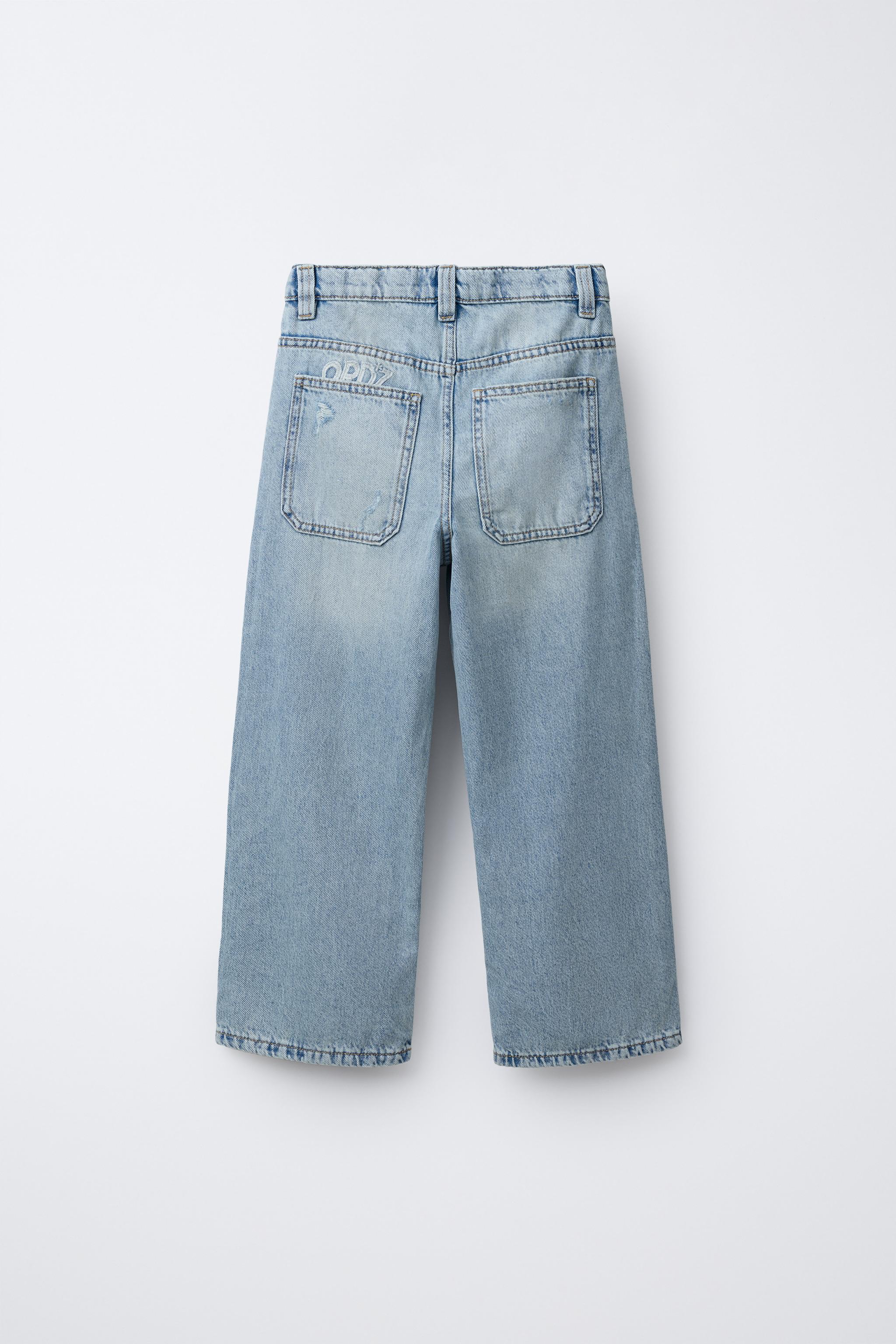 EMBROIDERED TEXT WIDE LEG JEANS