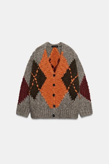 Zara DIAMOND KNIT CARDIGAN - Taupe