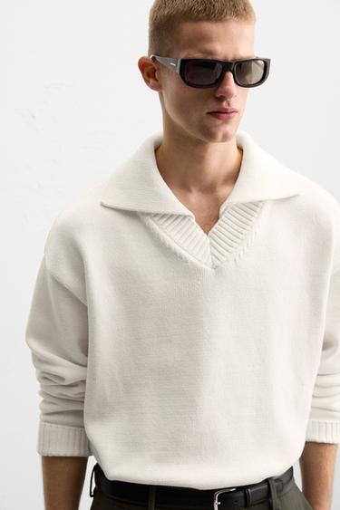 V-NECK KNITTED POLO SHIRT - Ecru by Zara - Image 4