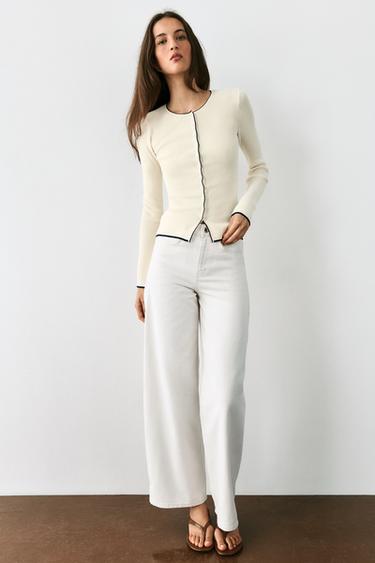 Zara CONTRAST PIPING KNIT JACKET - Ecru