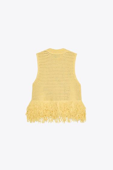 CHECK KNIT TOP WITH FRINGING - Yellow by Zara - Image 6