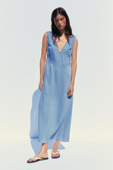 Zara EMBROIDERED MIDI DRESS - Blue - Image 0