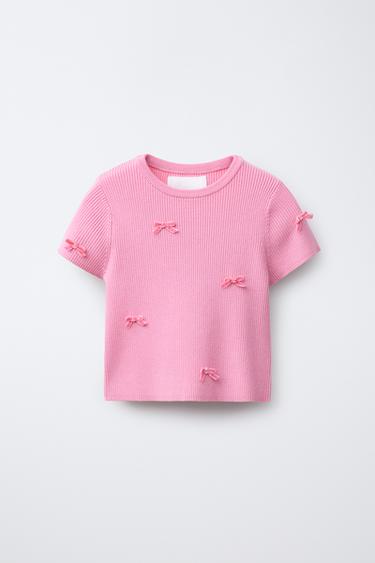 RIBBED T-SHIRT WITH BOWS - Pink by Zara