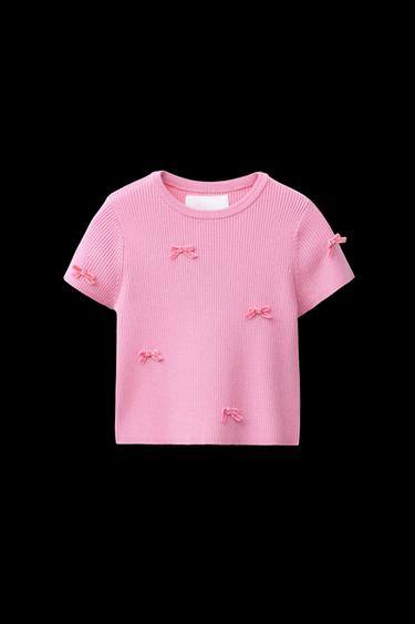 RIBBED T-SHIRT WITH BOWS - Pink by Zara - Image 0