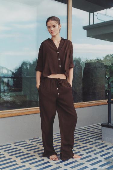 PANTALON FLUIDE DROIT - Marron foncé de Zara