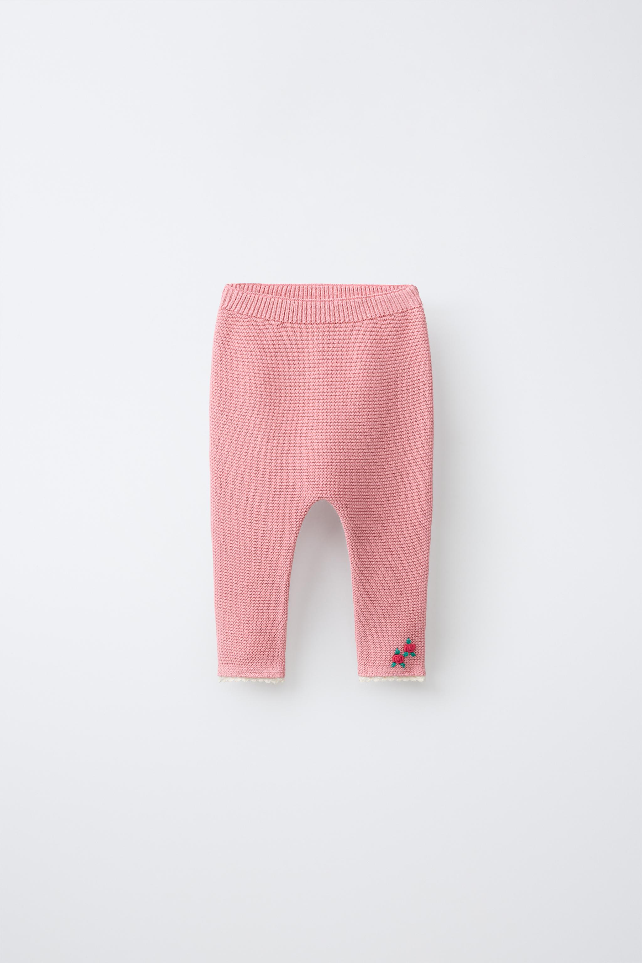 EMBROIDERED FLORAL LACE KNIT PANTS — Light pink