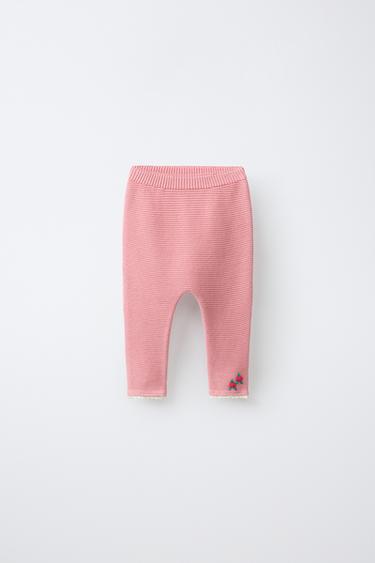 EMBROIDERED FLORAL KNIT TROUSERS WITH LACE TRIM - Light pink by Zara