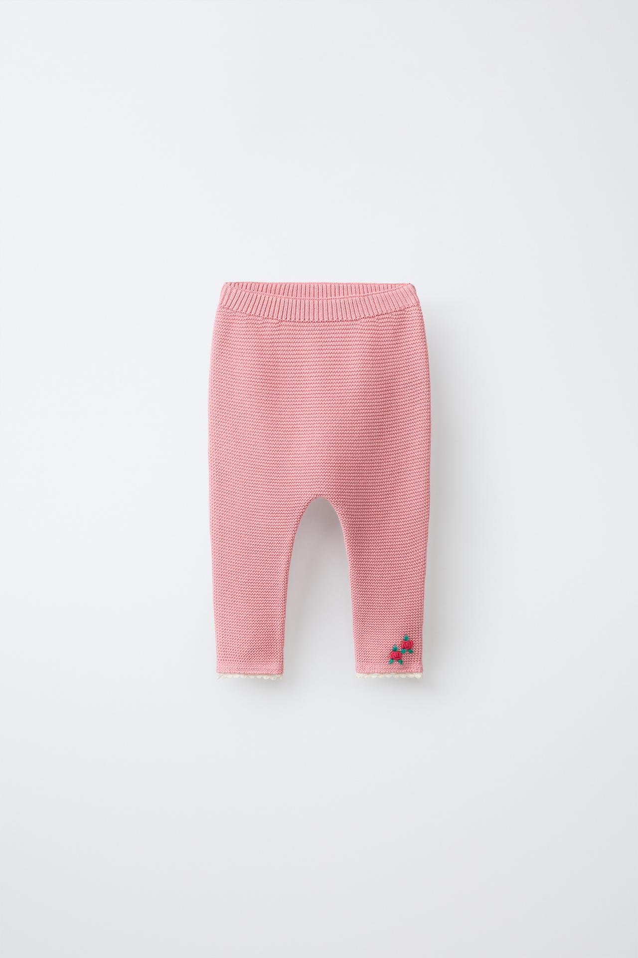EMBROIDERED FLORAL LACE KNIT PANTS — Light pink