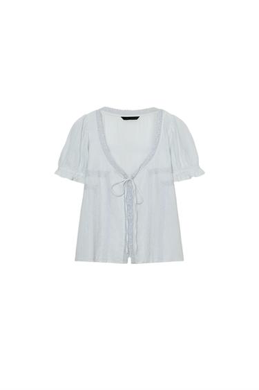 EMBROIDERED GAUZE SHIRT - Pastel blue by Zara