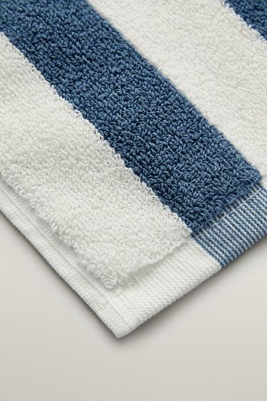 TWO-TONE STRIPED BATH MAT — Ecru / Blue 2