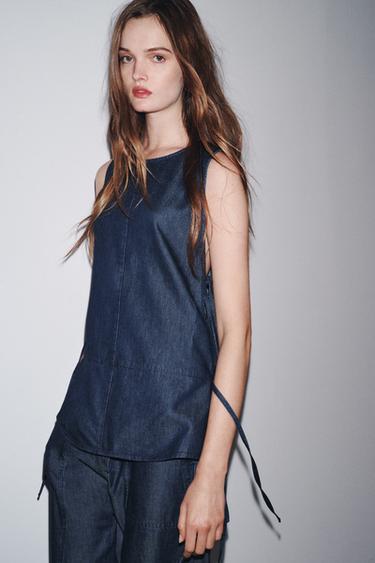 ZW COLLECTION DENIM TIE TOP - Blue by Zara - Image 1