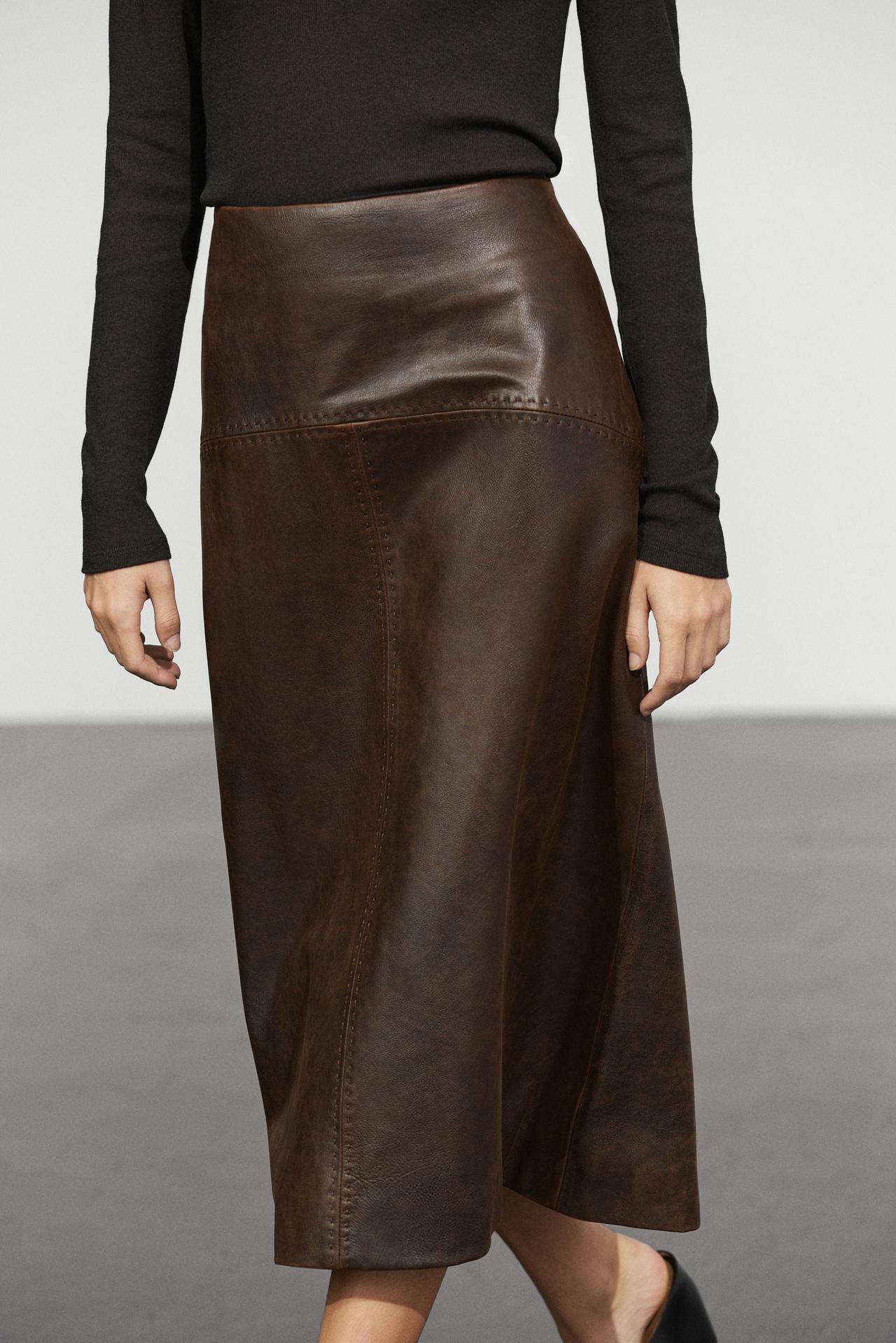 Straight nappa leather midi skirt with seam details — Brown